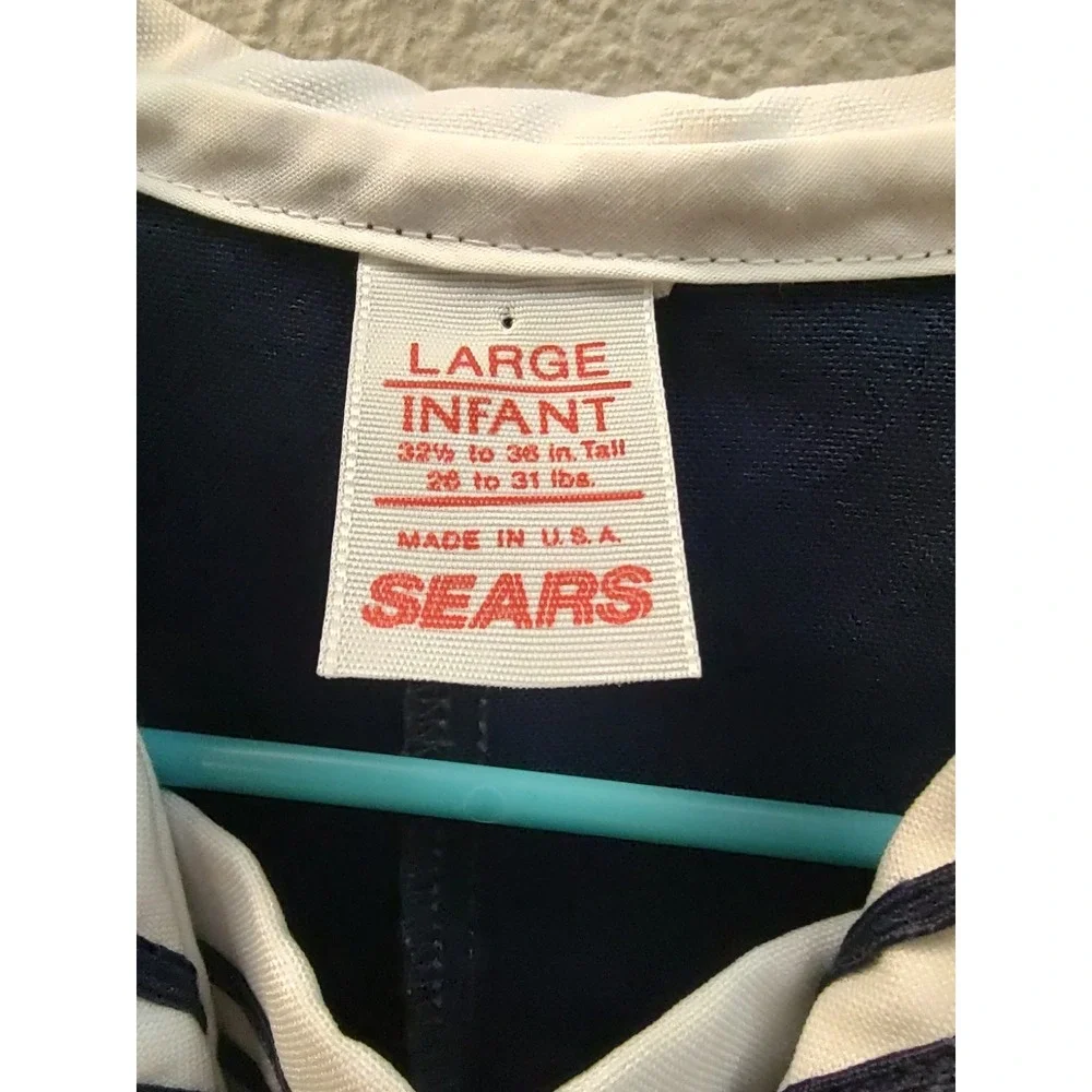 Vtg Sears Sailor Suit Infant Large Navy Blue and White Red Neck Tie Snap Crotch